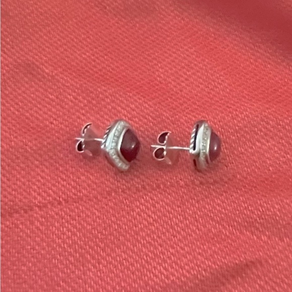 David Yurman Petite Stud Albion Red Carnelian Pave’ Diamond Earrings - Picture 4 of 8
